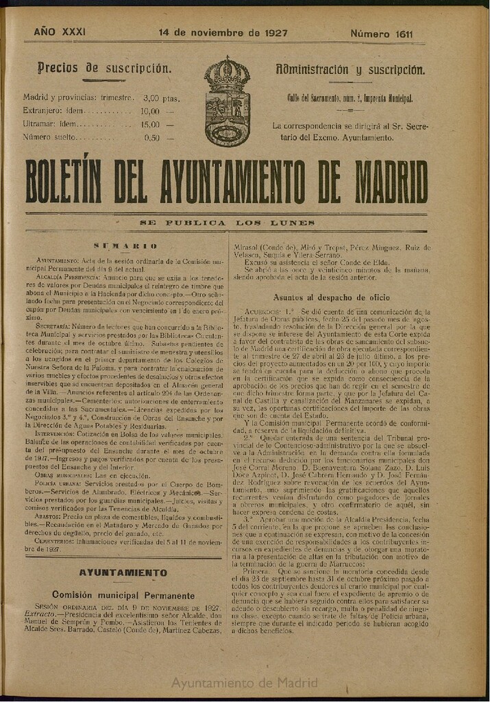 Miniatura de Boletín Oficial del Ayuntamiento de Madrid del 14 de noviembre de 1927, nº 1611