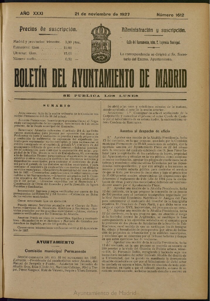 Miniatura de Boletín Oficial del Ayuntamiento de Madrid del 21 de noviembre de 1927, nº 1612