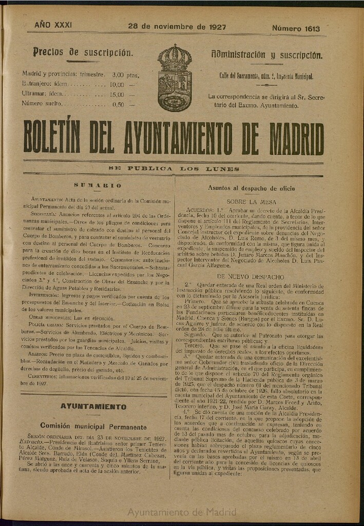 Miniatura de Boletín Oficial del Ayuntamiento de Madrid del 28 de noviembre de 1927, nº 1613