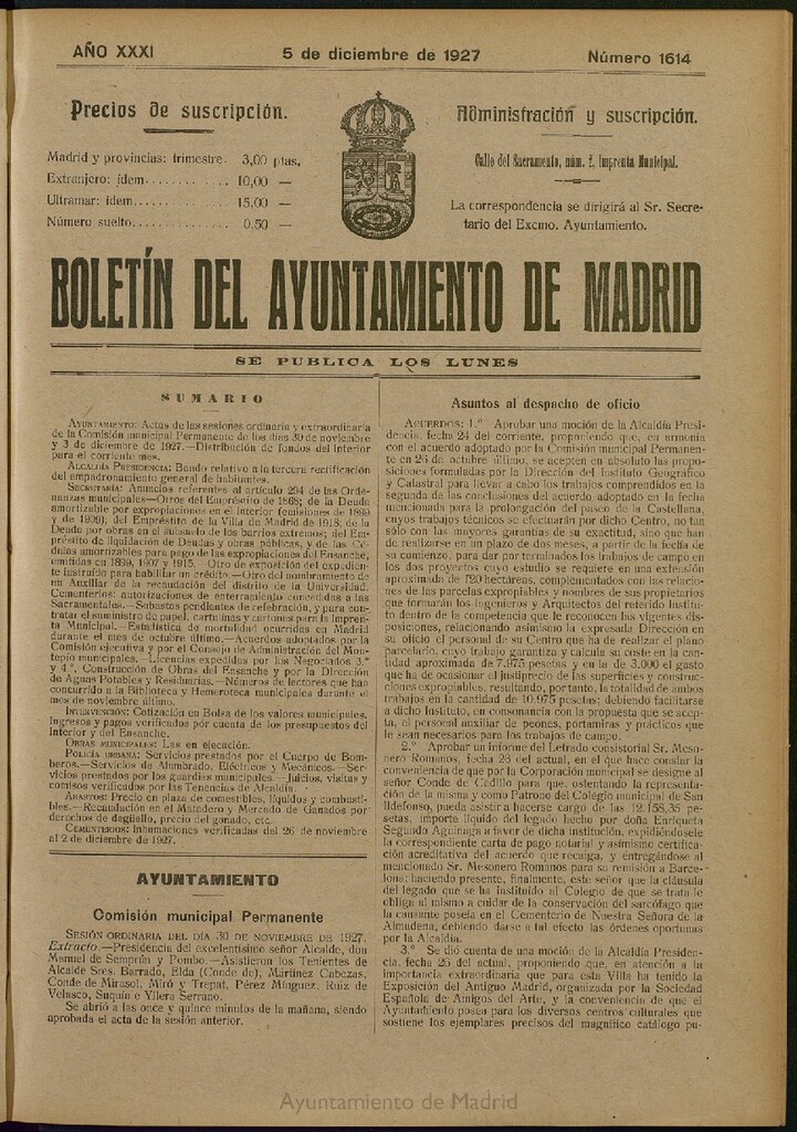 Miniatura de Boletín Oficial del Ayuntamiento de Madrid del 5 de diciembre de 1927, nº 1614