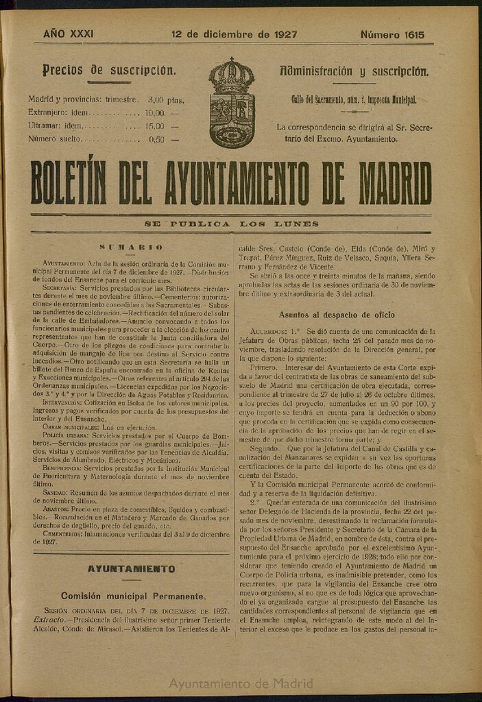 Miniatura de Boletín Oficial del Ayuntamiento de Madrid del 12 de diciembre de 1927, nº 1615