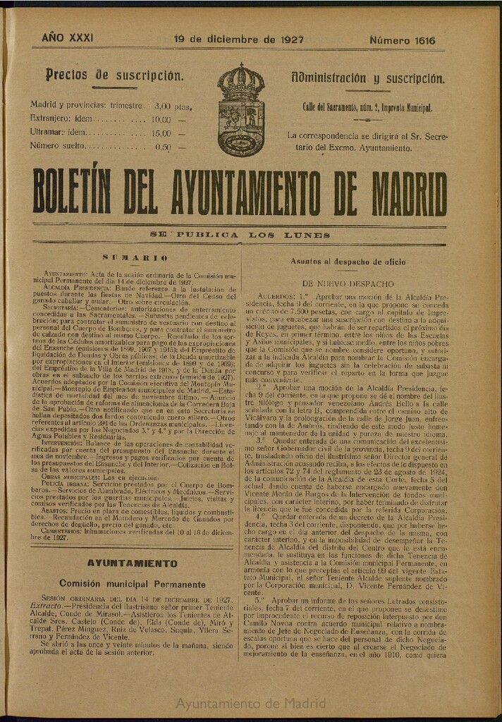 Miniatura de Boletín Oficial del Ayuntamiento de Madrid del 19 de diciembre de 1927, nº 1616
