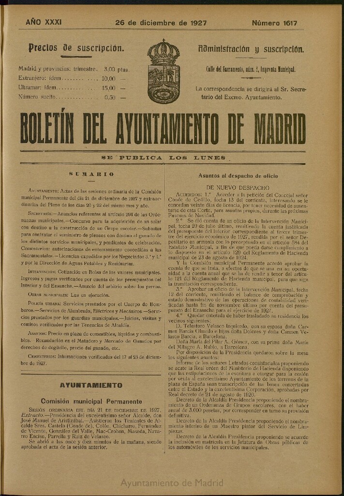 Miniatura de Boletín Oficial del Ayuntamiento de Madrid del 26 de diciembre de 1927, nº 1617