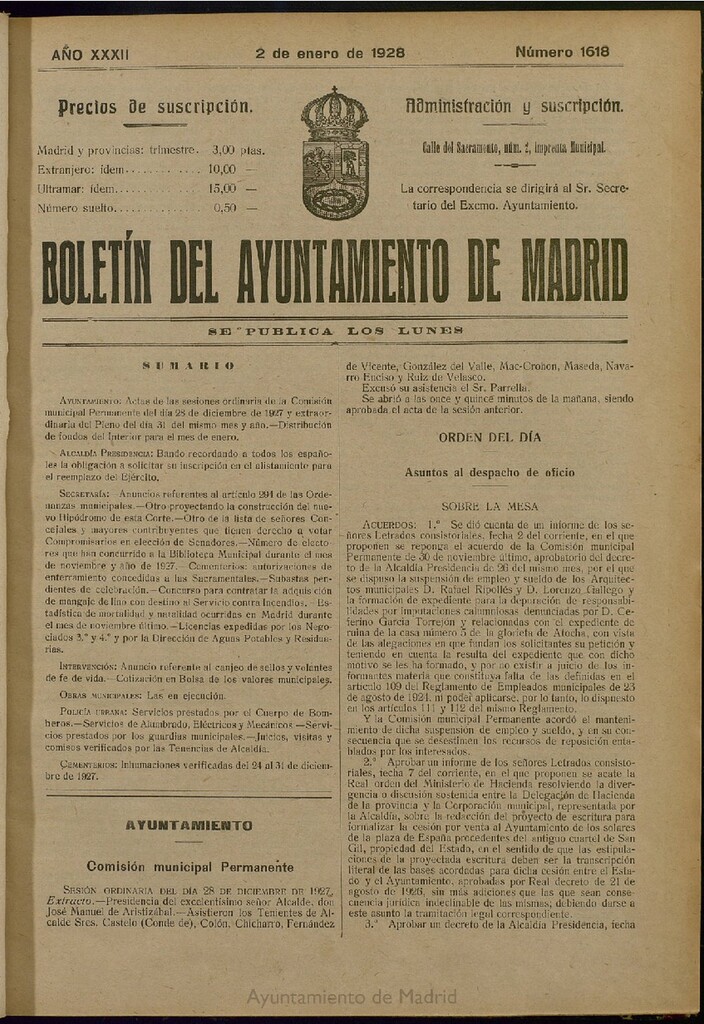 Miniatura de Boletín Oficial del Ayuntamiento de Madrid del 2 de enero de 1928, nº 1618