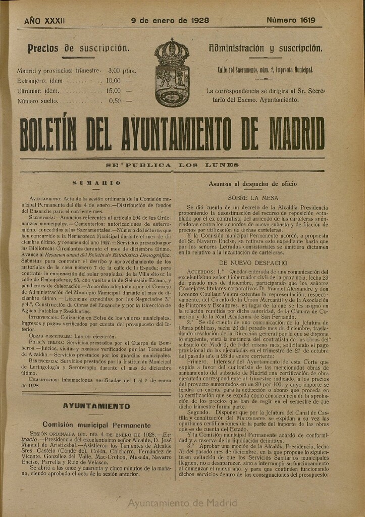 Miniatura de Boletín Oficial del Ayuntamiento de Madrid del 9 de enero de 1928, nº 1619