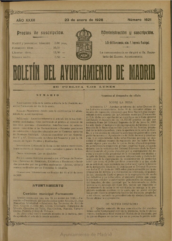 Miniatura de Boletín Oficial del Ayuntamiento de Madrid del 23 de enero de 1928, nº 1621
