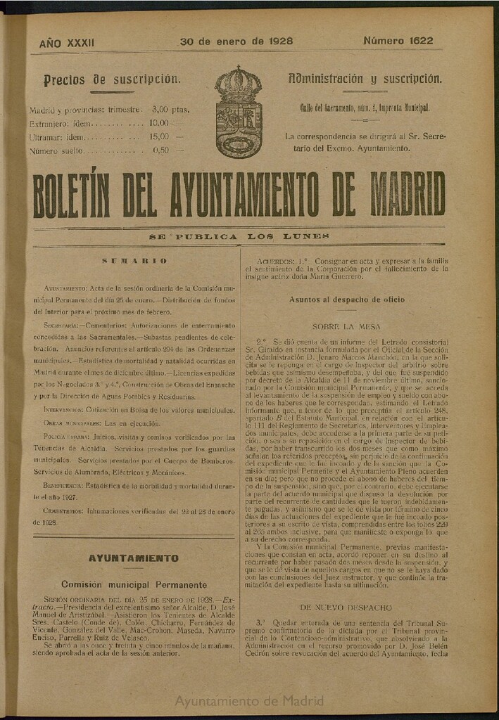 Miniatura de Boletín Oficial del Ayuntamiento de Madrid del 30 de enero de 1928, nº 1622
