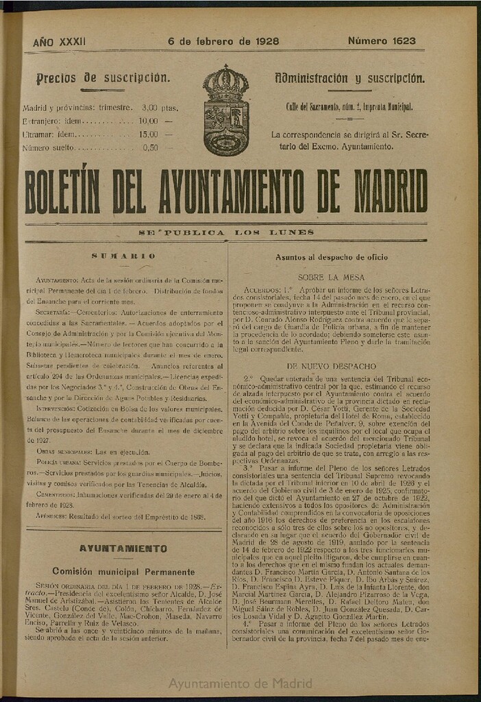 Miniatura de Boletín Oficial del Ayuntamiento de Madrid del 6 de febrero de 1928, nº 1623