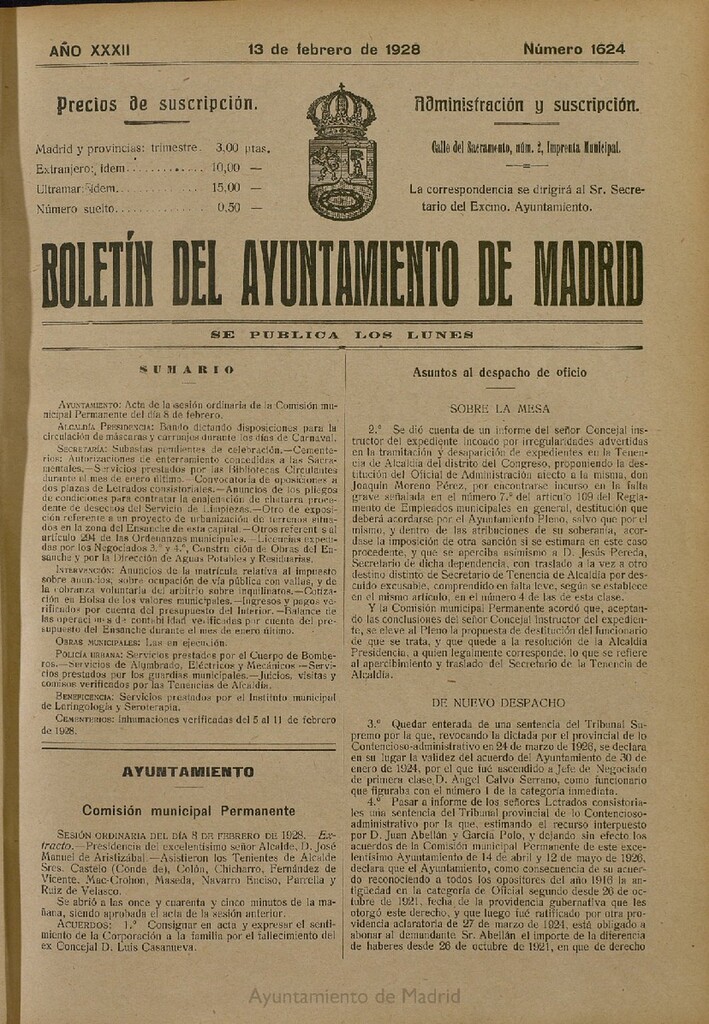 Miniatura de Boletín Oficial del Ayuntamiento de Madrid del 13 de febrero de 1928, nº 1624