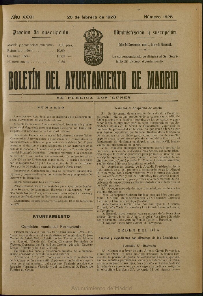 Miniatura de Boletín Oficial del Ayuntamiento de Madrid del 20 de febrero de 1928, nº 1625