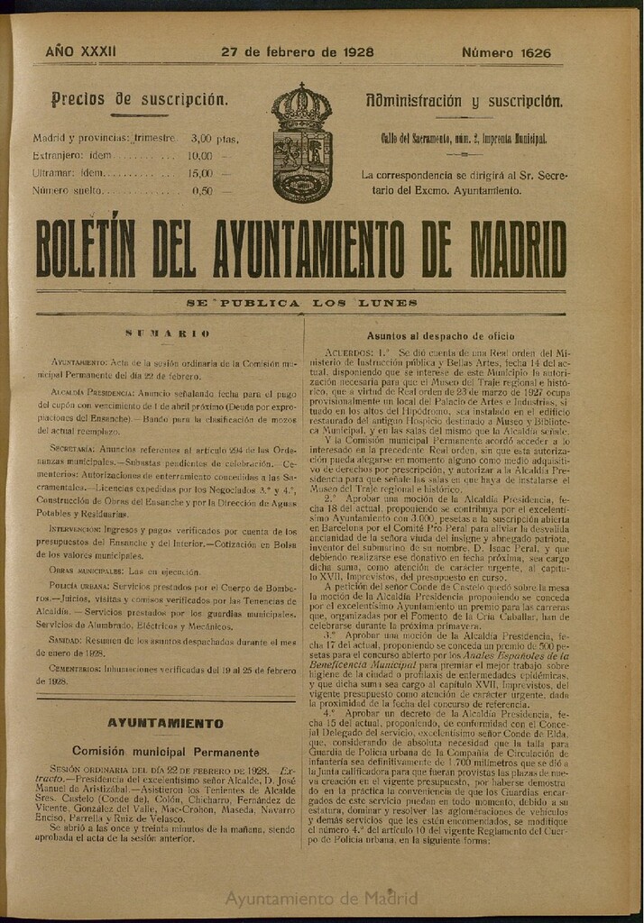 Miniatura de Boletín Oficial del Ayuntamiento de Madrid del 27 de febrero de 1928, nº 1626