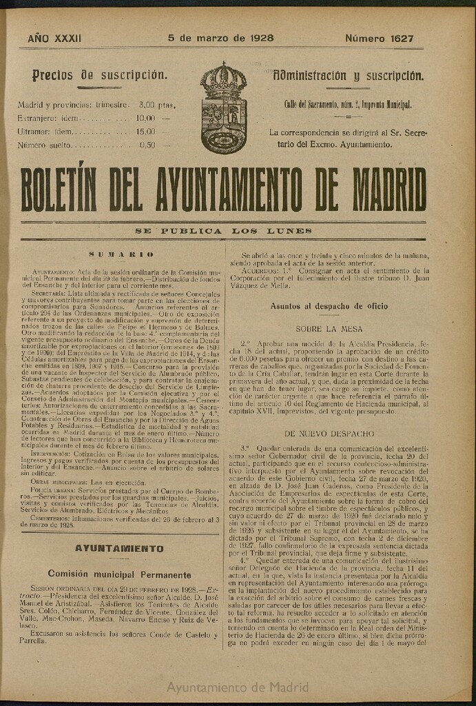 Miniatura de Boletín Oficial del Ayuntamiento de Madrid del 5 de marzo de 1928, nº 1627