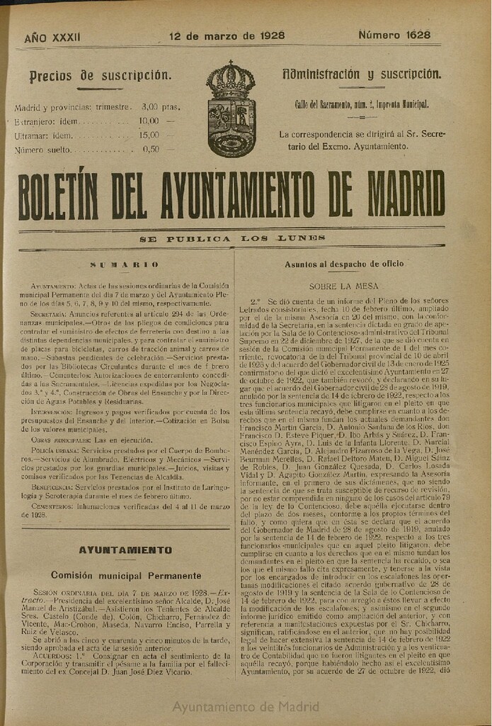 Miniatura de Boletín Oficial del Ayuntamiento de Madrid del 12 de marzo de 1928, nº 1628