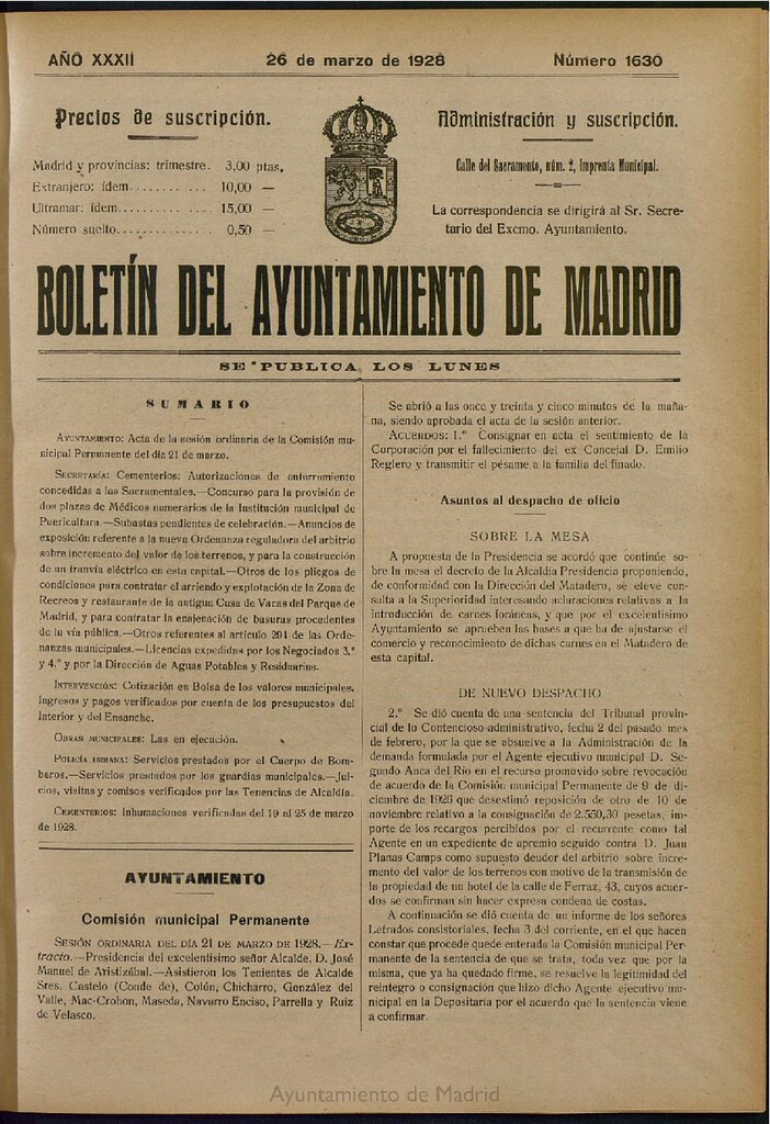 Miniatura de Boletín Oficial del Ayuntamiento de Madrid del 26 de marzo de 1928, nº 1630