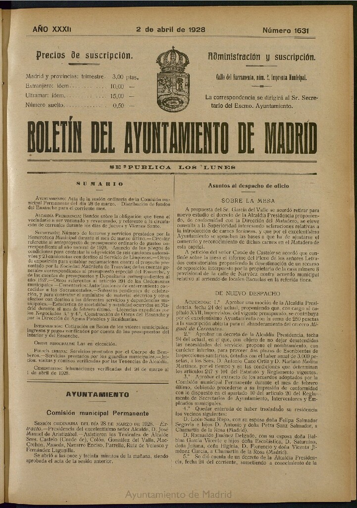 Miniatura de Boletín Oficial del Ayuntamiento de Madrid del 2 de abril de 1928, nº 1631