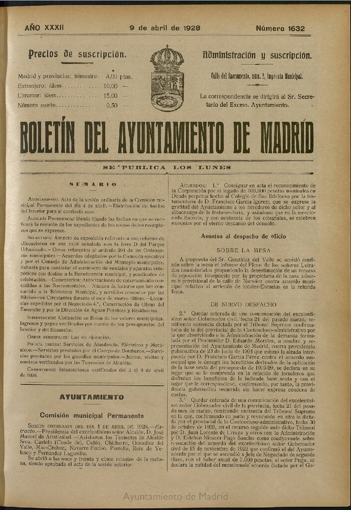 Miniatura de Boletín Oficial del Ayuntamiento de Madrid del 9 de abril de 1928, nº 1632