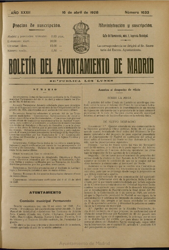 Miniatura de Boletín Oficial del Ayuntamiento de Madrid del 16 de abril de 1928, nº 1633