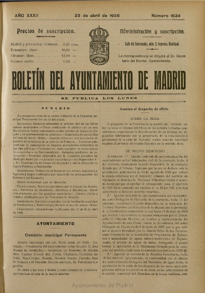Miniatura de Boletín Oficial del Ayuntamiento de Madrid del 23 de abril de 1928, nº 1634