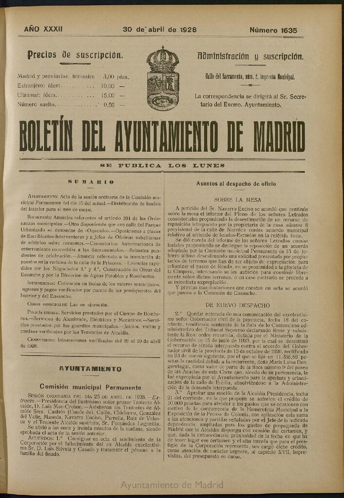 Miniatura de Boletín Oficial del Ayuntamiento de Madrid del 30 de abril de 1928, nº 1635