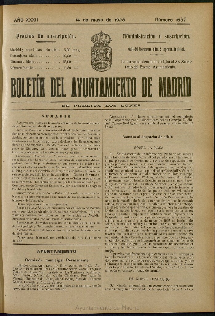 Miniatura de Boletín Oficial del Ayuntamiento de Madrid del 14 de mayo de 1928, nº 1637