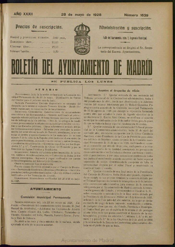 Miniatura de Boletín Oficial del Ayuntamiento de Madrid del 28 de mayo de 1928, nº 1639