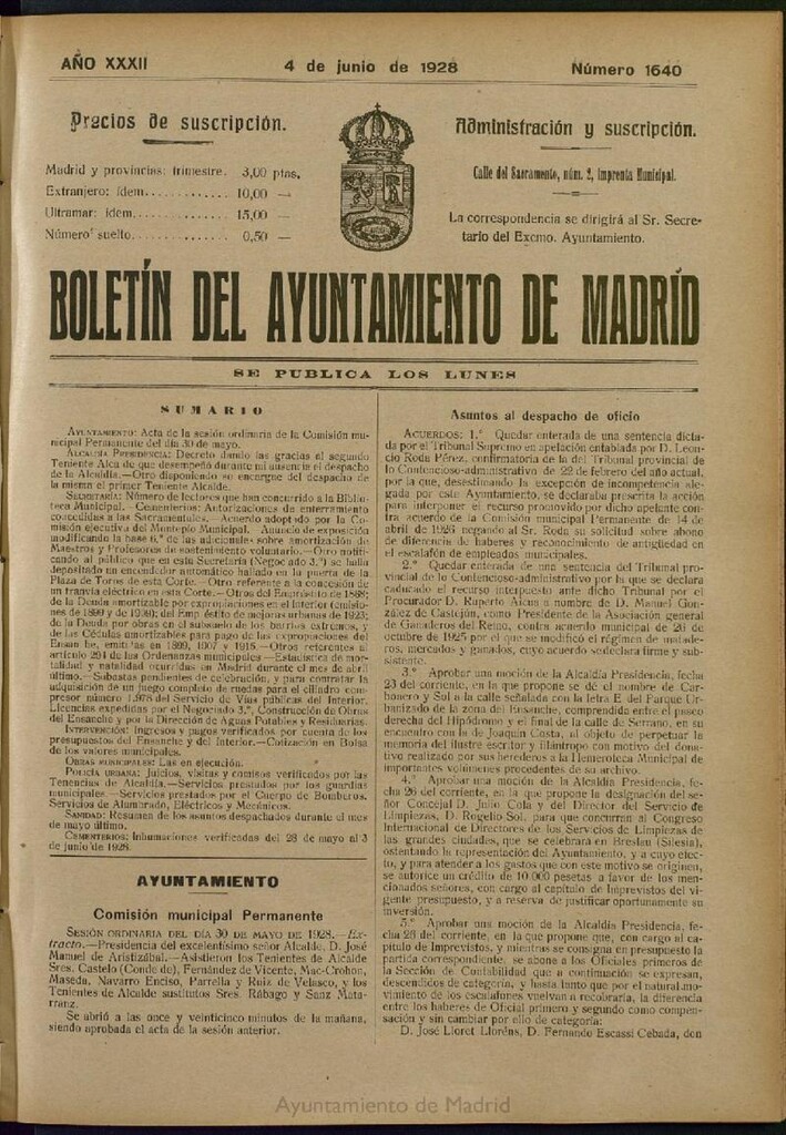 Miniatura de Boletín Oficial del Ayuntamiento de Madrid del 4 de junio de 1928, nº 1640