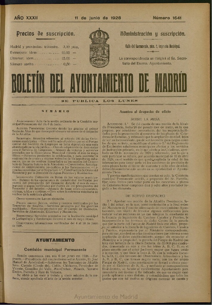 Miniatura de Boletín Oficial del Ayuntamiento de Madrid del 11 de junio de 1928, nº 1641