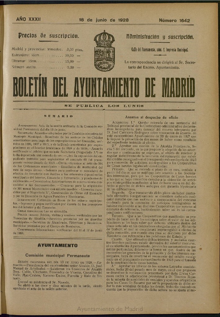 Miniatura de Boletín Oficial del Ayuntamiento de Madrid del 18 de junio de 1928, nº 1642