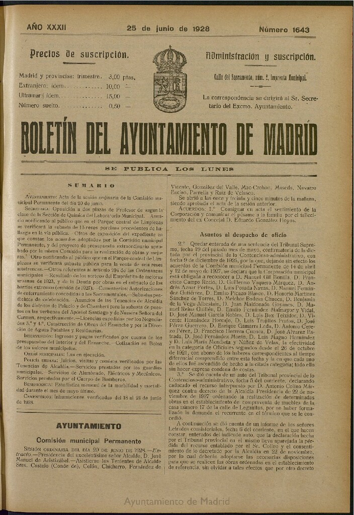 Miniatura de Boletín Oficial del Ayuntamiento de Madrid del 25 de junio de 1928, nº 1643