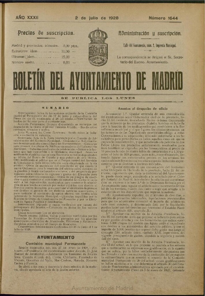 Miniatura de Boletín Oficial del Ayuntamiento de Madrid del 2 de julio de 1928, nº 1644