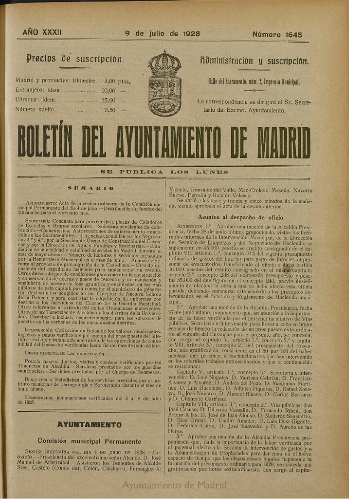 Miniatura de Boletín Oficial del Ayuntamiento de Madrid del 9 de julio de 1928, nº 1645
