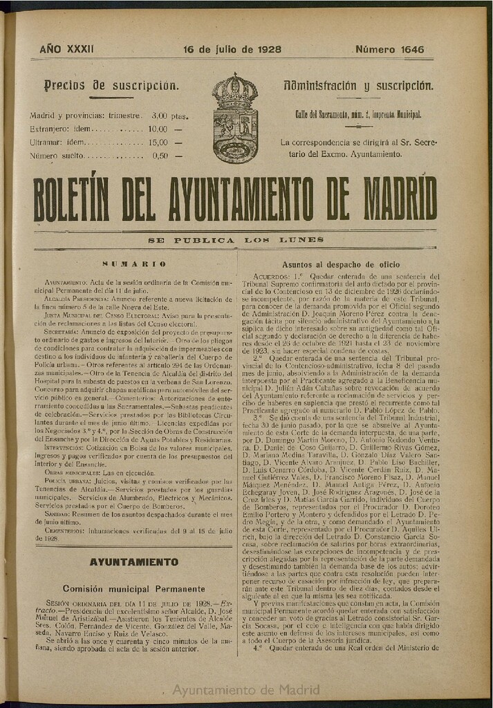 Miniatura de Boletín Oficial del Ayuntamiento de Madrid del 16 de julio de 1928, nº 1646