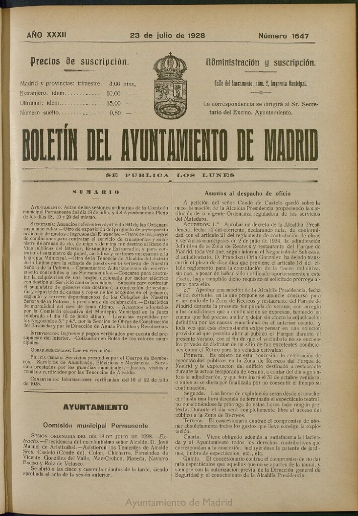 Miniatura de Boletín Oficial del Ayuntamiento de Madrid del 23 de julio de 1928, nº 1647