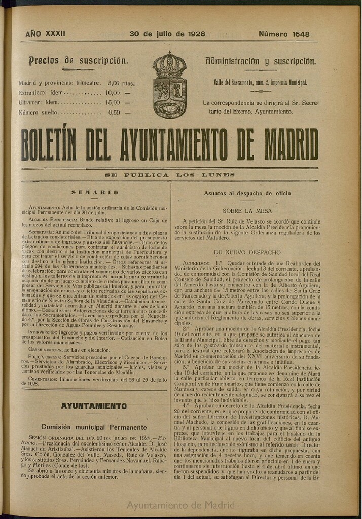 Miniatura de Boletín Oficial del Ayuntamiento de Madrid del 30 de julio de 1928, nº 1648