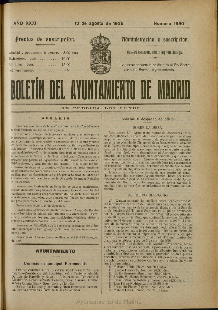 Miniatura de Boletín Oficial del Ayuntamiento de Madrid del 13 de agosto de 1928, nº 1650