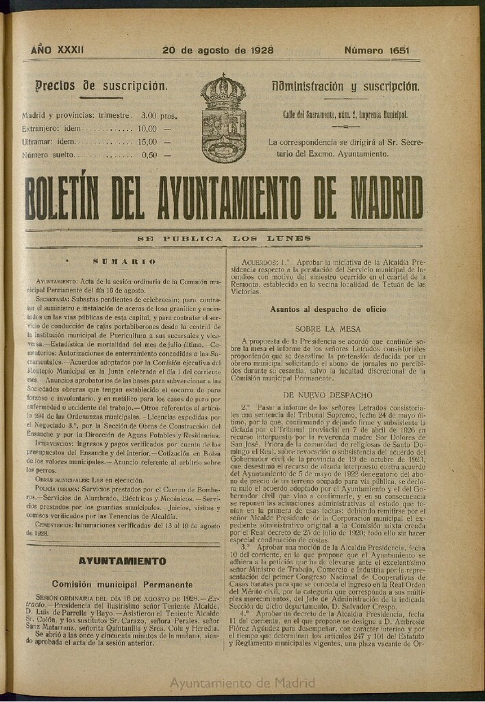Miniatura de Boletín Oficial del Ayuntamiento de Madrid del 20 de agosto de 1928, nº 1651