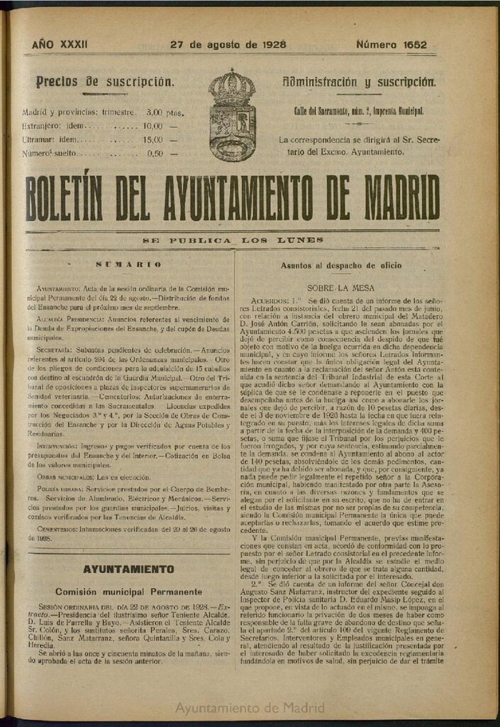 Miniatura de Boletín Oficial del Ayuntamiento de Madrid del 27 de agosto de 1928, nº 1652