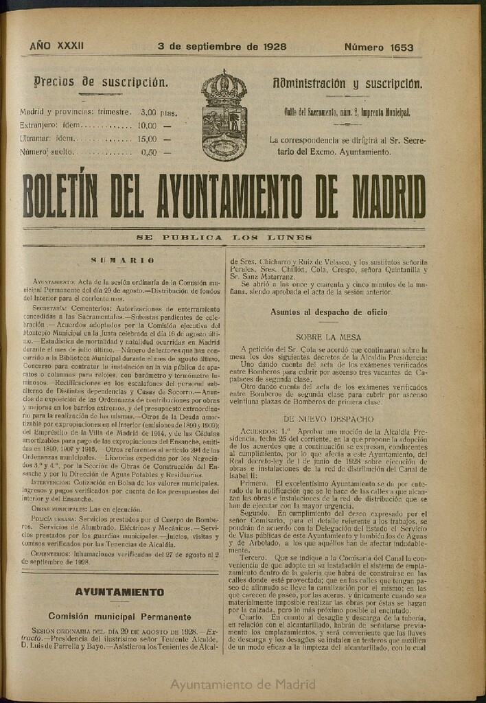 Miniatura de Boletín Oficial del Ayuntamiento de Madrid del 3 de septiembre de 1928, nº 1653