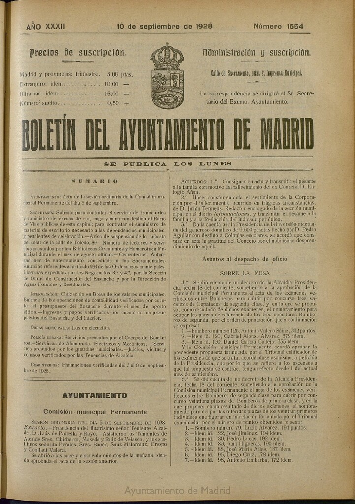 Miniatura de Boletín Oficial del Ayuntamiento de Madrid del 10 de septiembre de 1928, nº 1654