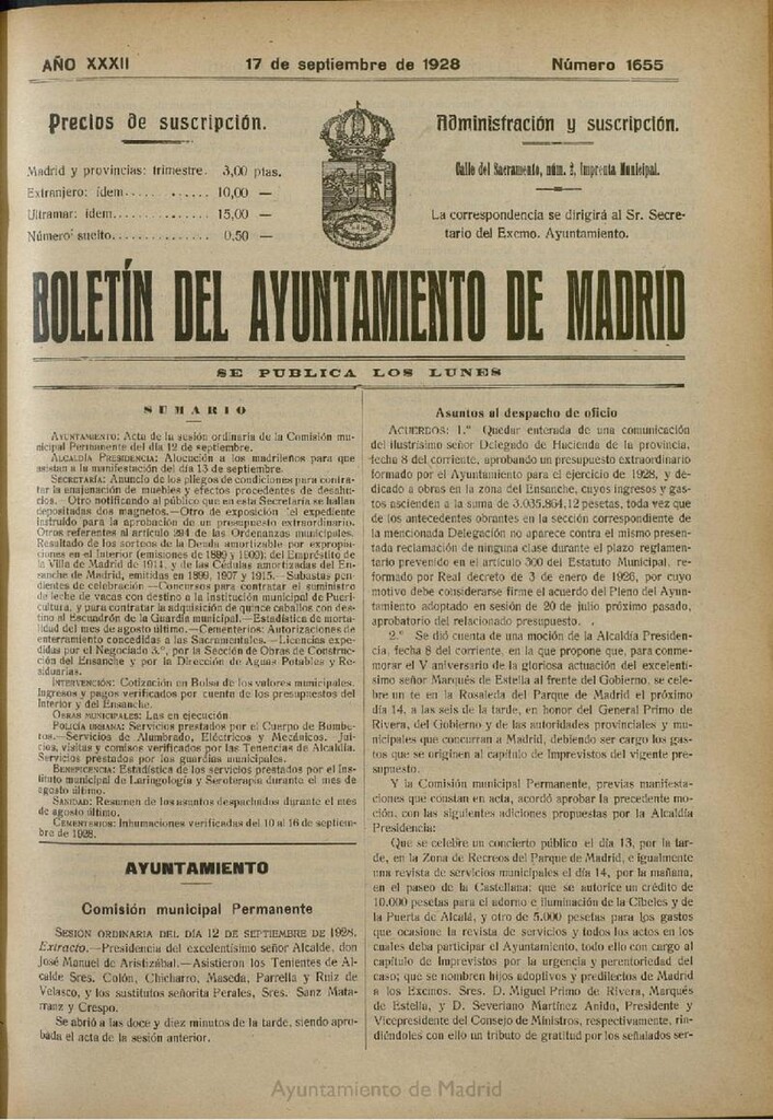 Miniatura de Boletín Oficial del Ayuntamiento de Madrid del 17 de septiembre de 1928, nº 1655