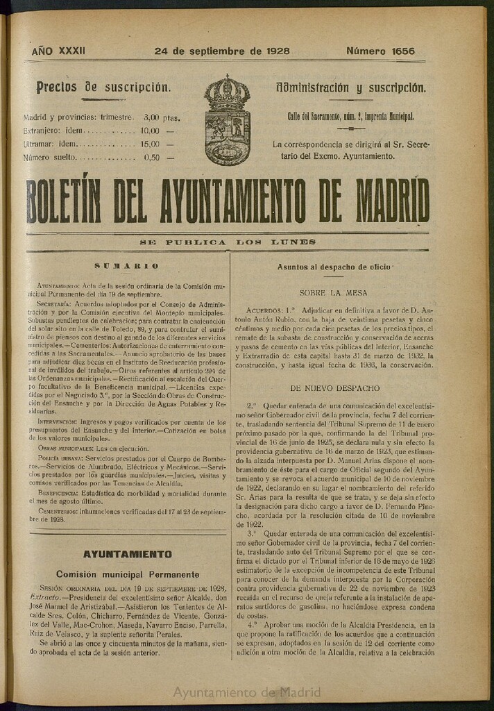 Miniatura de Boletín Oficial del Ayuntamiento de Madrid del 24 de septiembre de 1928, nº 1656