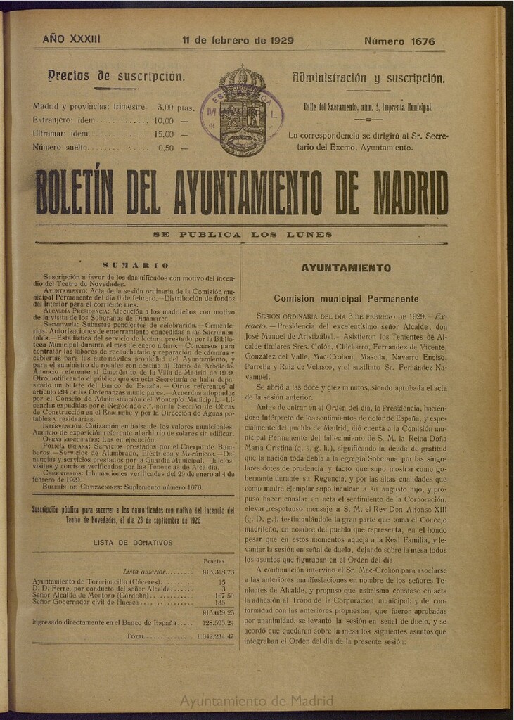 Miniatura de Boletín Oficial del Ayuntamiento de Madrid del 11 de febrero de 1929, nº 1676