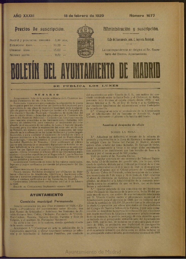 Miniatura de Boletín Oficial del Ayuntamiento de Madrid del 18 de febrero de 1929, nº 1677