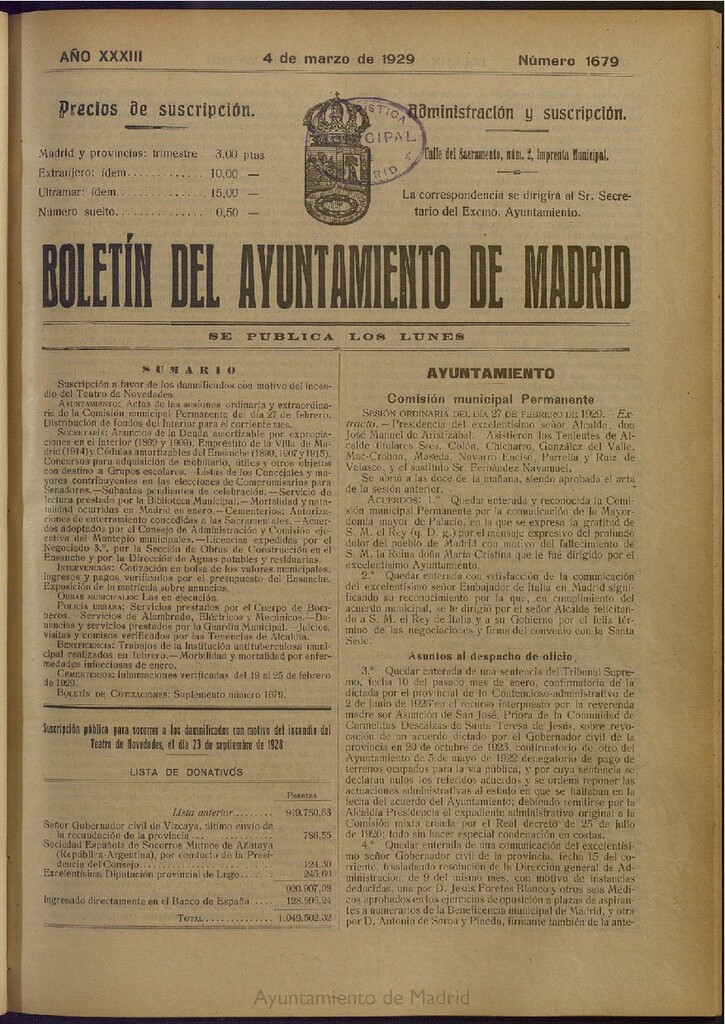 Miniatura de Boletín Oficial del Ayuntamiento de Madrid del 4 de marzo de 1929, nº 1679