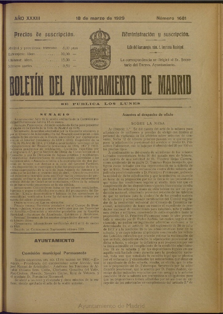 Miniatura de Boletín Oficial del Ayuntamiento de Madrid del 18 de marzo de 1929, nº 1681