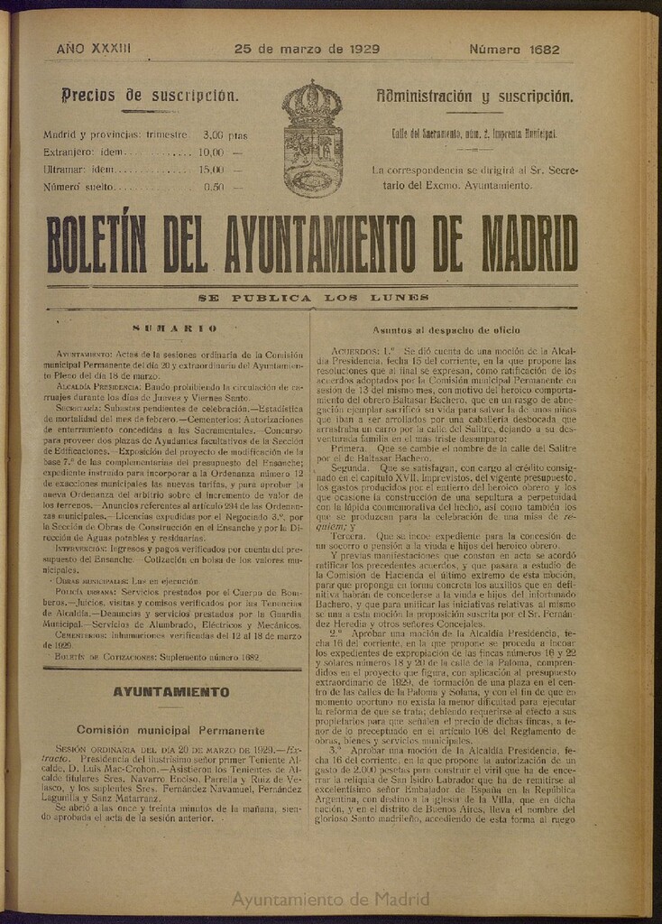 Miniatura de Boletín Oficial del Ayuntamiento de Madrid del 25 de marzo de 1929, nº 1682