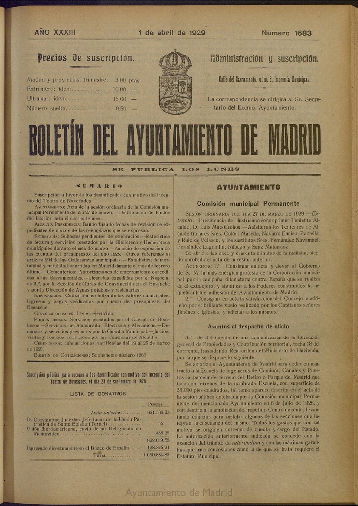Miniatura de Boletín Oficial del Ayuntamiento de Madrid del 1 de abril de 1929, nº 1683