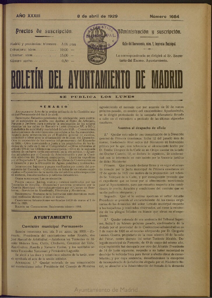 Miniatura de Boletín Oficial del Ayuntamiento de Madrid del 8 de abril de 1929, nº 1684