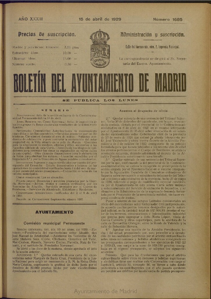 Miniatura de Boletín Oficial del Ayuntamiento de Madrid del 15 de abril de 1929, nº 1685