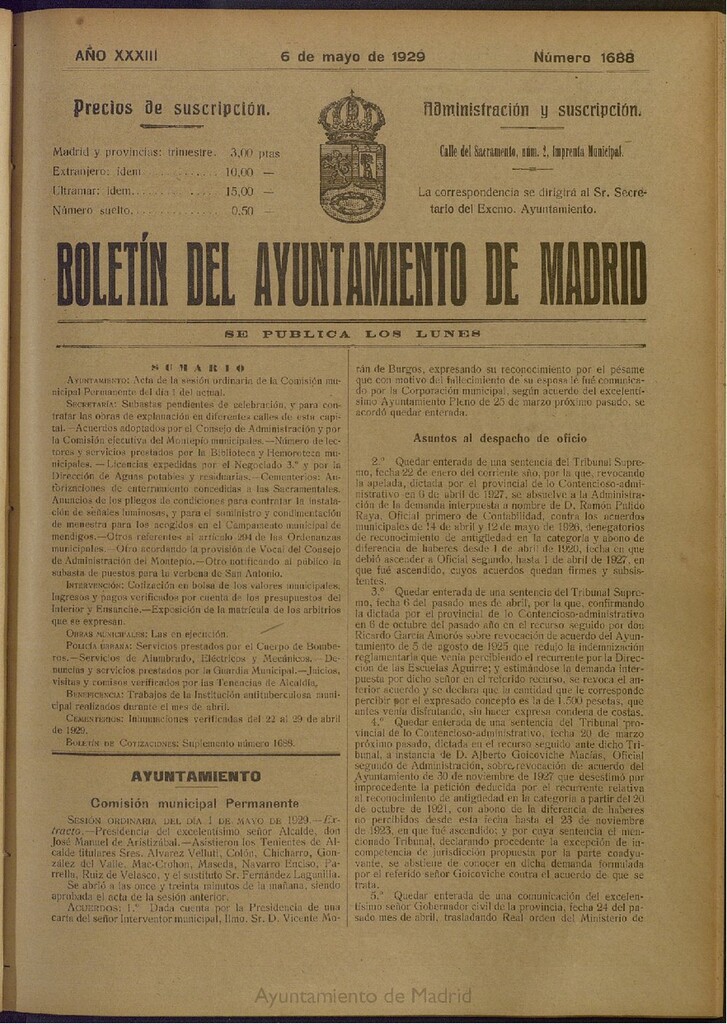 Miniatura de Boletín Oficial del Ayuntamiento de Madrid del 6 de mayo de 1929, nº 1688